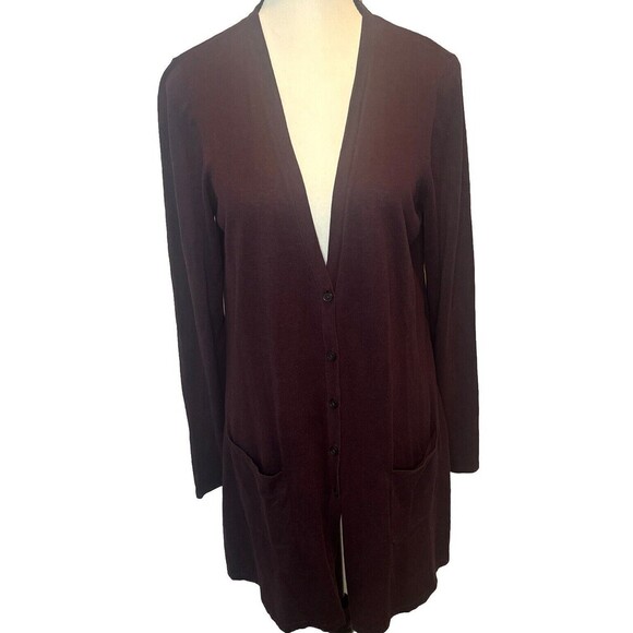 J. Jill Deep PURPLE Button Front Long Knit Cardigan Pockets Cotton Rayon M Tall - Picture 1 of 9